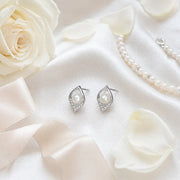 925 Sterling Silver Pearl Stud Earrings | Minimalist Zircon Leaf Design Earrings for Women
